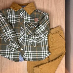 NWOT 2 Piece Eddie Bauer Boy Green/Tan/White Plaid Fleece Jacket Pants 9-12 Mo